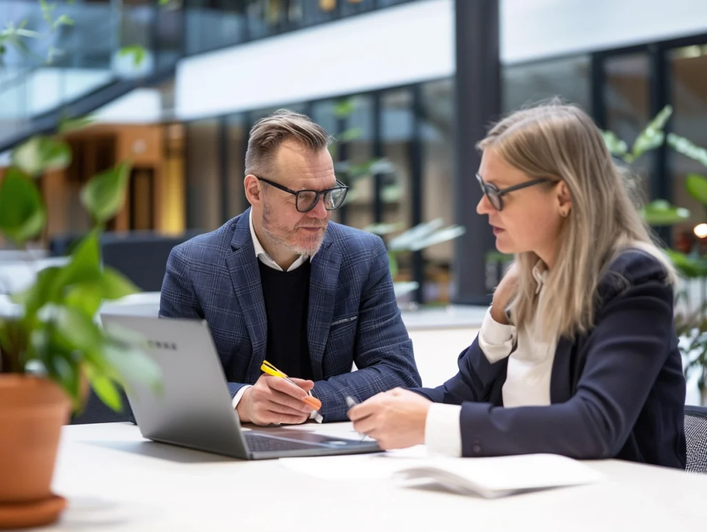 En rådgiver fra Lekon gennemgår ledelsessystemet med en kunde