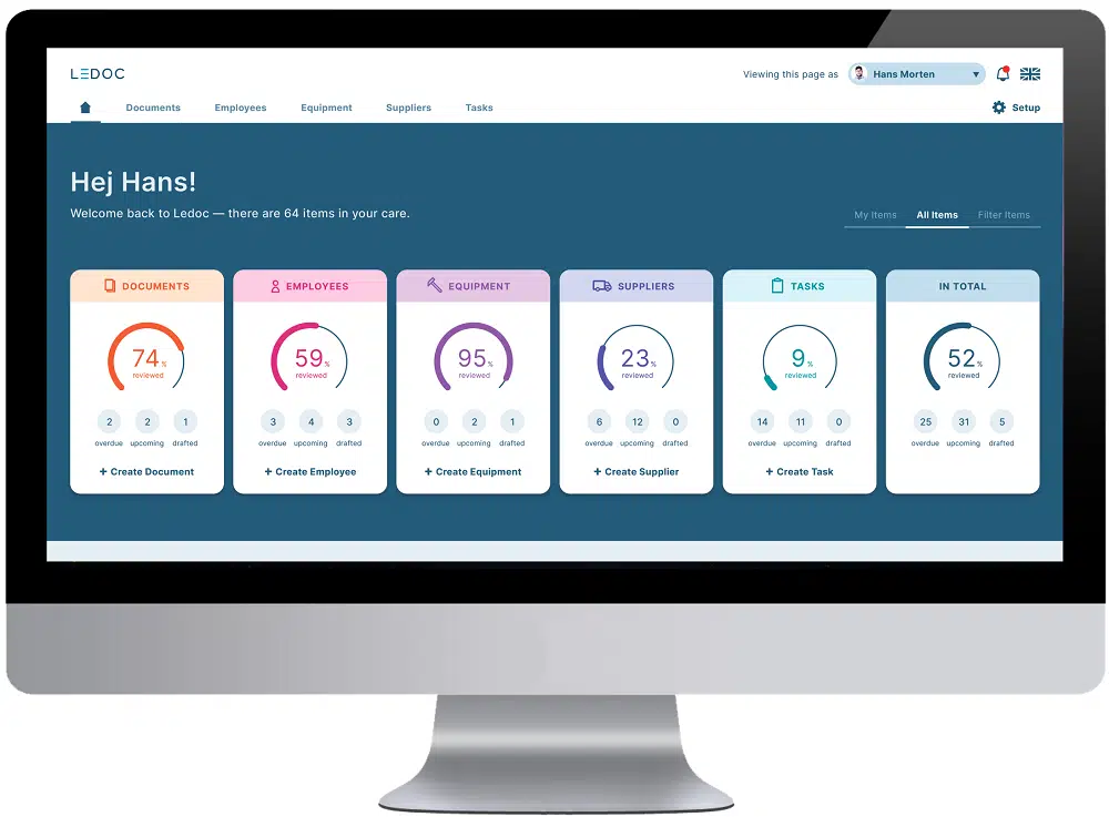 Ledocs forside med status for dokumenter, medarbejdere, udstyr, leverandører og opgaver